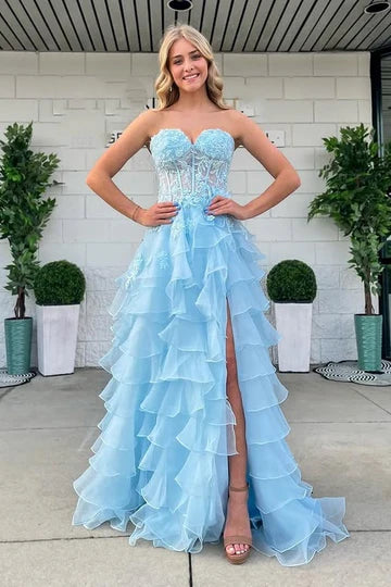 Light Blue Strapless Chiffon A-Line Prom Party Dresses with Ruffles