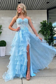 Light Blue Strapless Chiffon A-Line Prom Party Dresses with Ruffles
