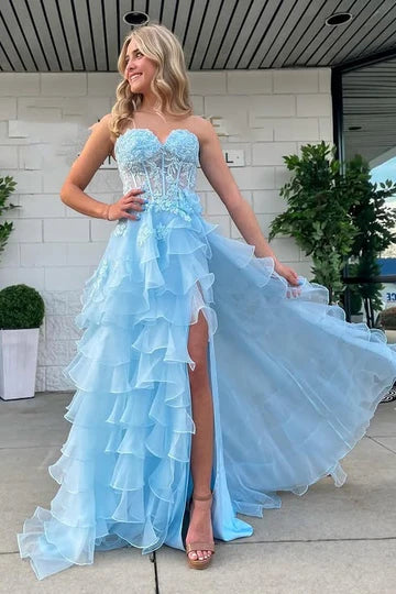 Light Blue Strapless Chiffon A-Line Prom Party Dresses with Ruffles