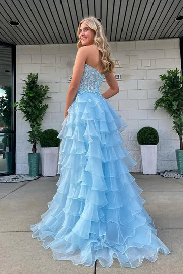 Light Blue Strapless Chiffon A-Line Prom Party Dresses with Ruffles