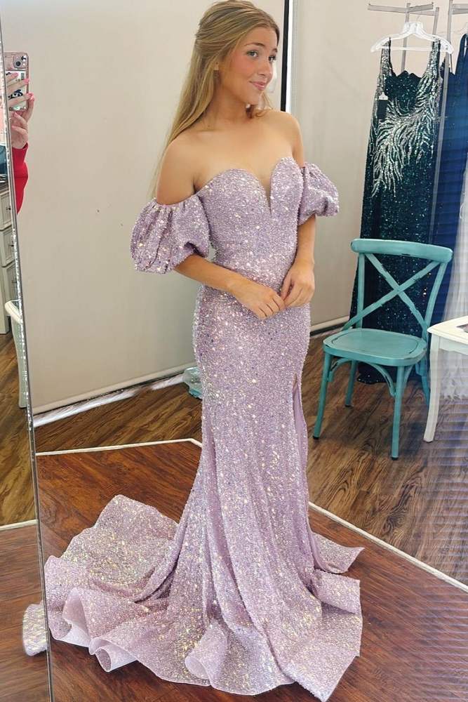 Shiny Light Purple Off-The-Shoulder Mermaid Sequin Party Dresses