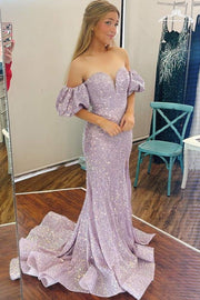 Shiny Light Purple Off-The-Shoulder Mermaid Sequin Party Dresses