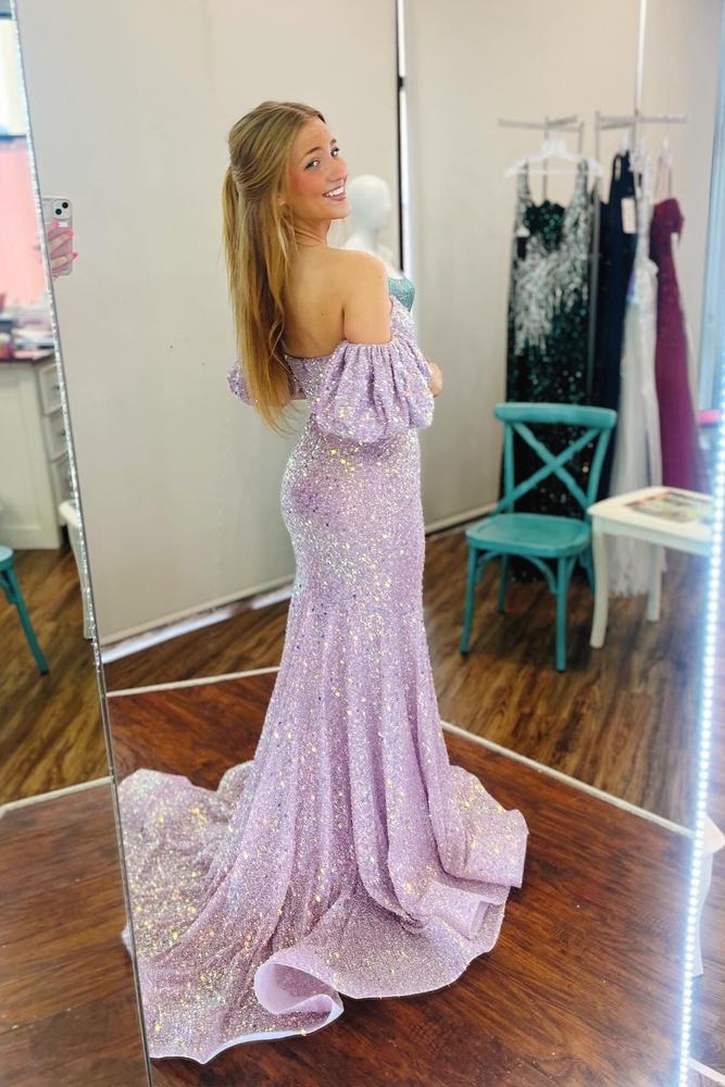 Shiny Light Purple Off-The-Shoulder Mermaid Sequin Party Dresses
