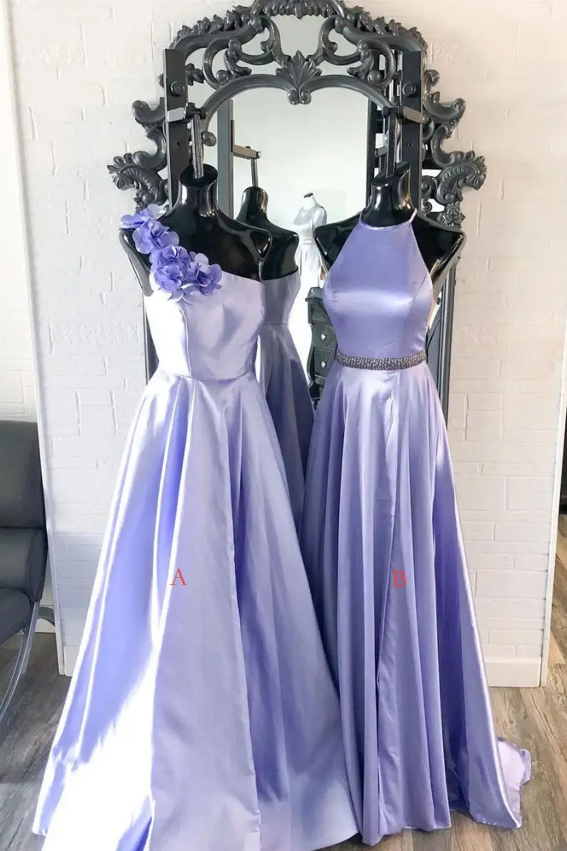 Light Purple Sleeveless A-Line Satin Prom Formal Dresses