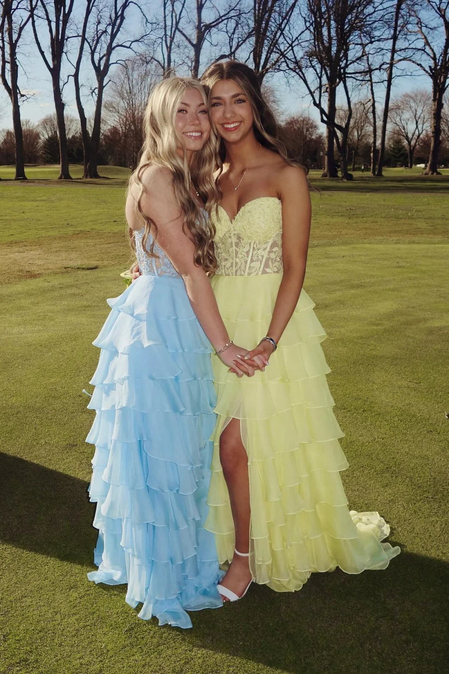 Light Blue Strapless Tiered Chiffon A-Line Prom Dresses with Slit