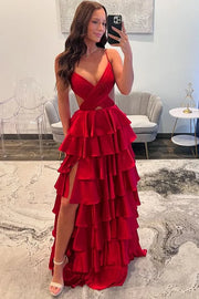 Red Sexy Spaghetti Straps A-Line Ruffles Prom Dresses