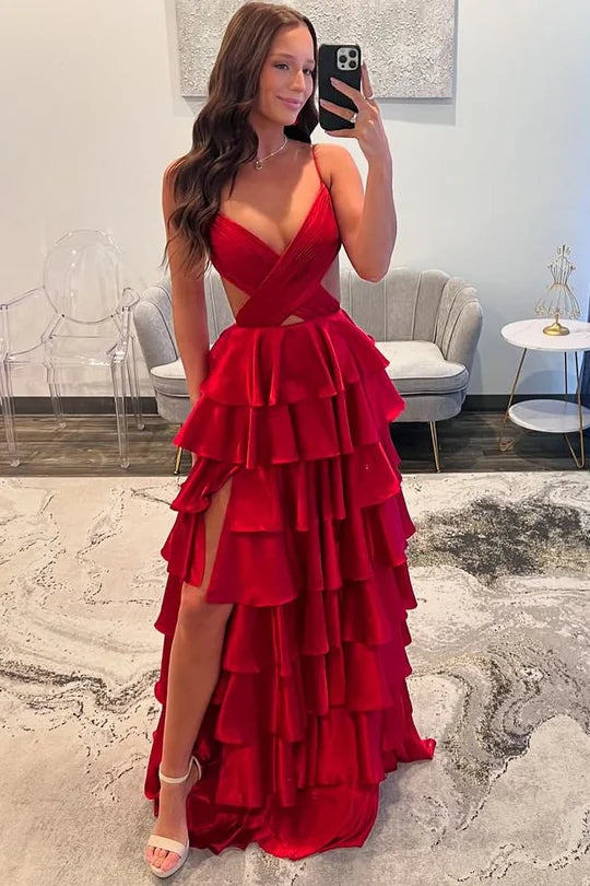 Red Sexy Spaghetti Straps A-Line Ruffles Prom Dresses