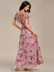 Gorgeous Floral Flutter Sleeve A-Line Formal Dress with Slit