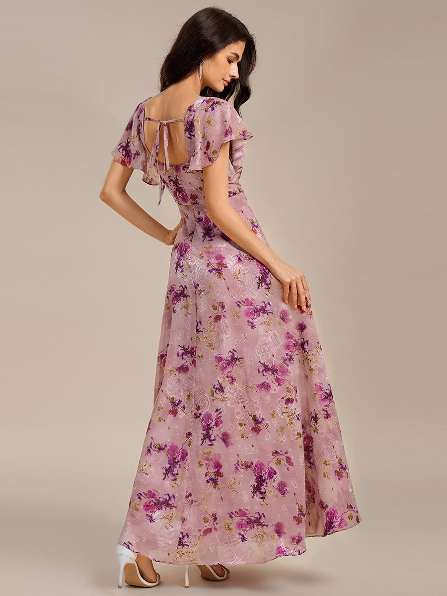Gorgeous Floral Flutter Sleeve A-Line Formal Dress with Slit