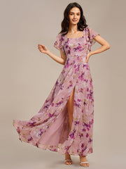 Gorgeous Floral Flutter Sleeve A-Line Formal Dress with Slit