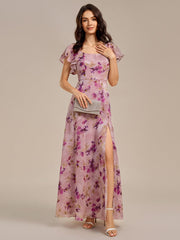 Gorgeous Floral Flutter Sleeve A-Line Formal Dress with Slit