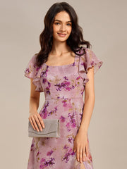 Gorgeous Floral Flutter Sleeve A-Line Formal Dress with Slit