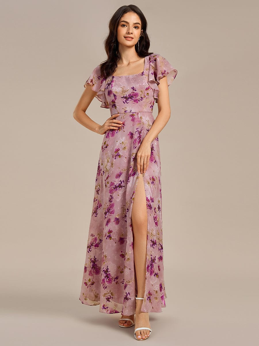 Gorgeous Floral Flutter Sleeve A-Line Formal Dress with Slit