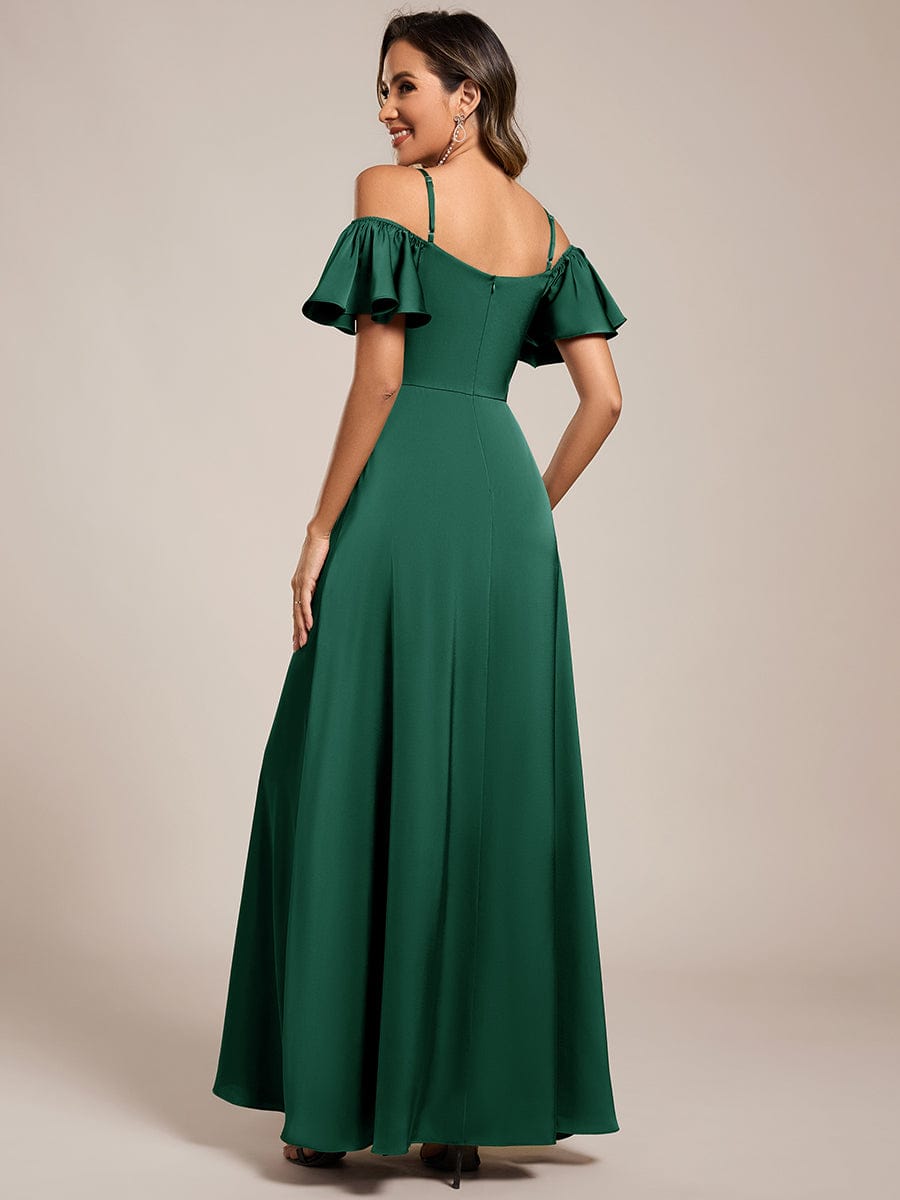 Unique Short Sleeves Off-The-Shoulder A-Line Satin Bridesmaid Dress with Slit