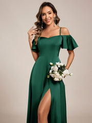 Unique Short Sleeves Off-The-Shoulder A-Line Satin Bridesmaid Dress with Slit