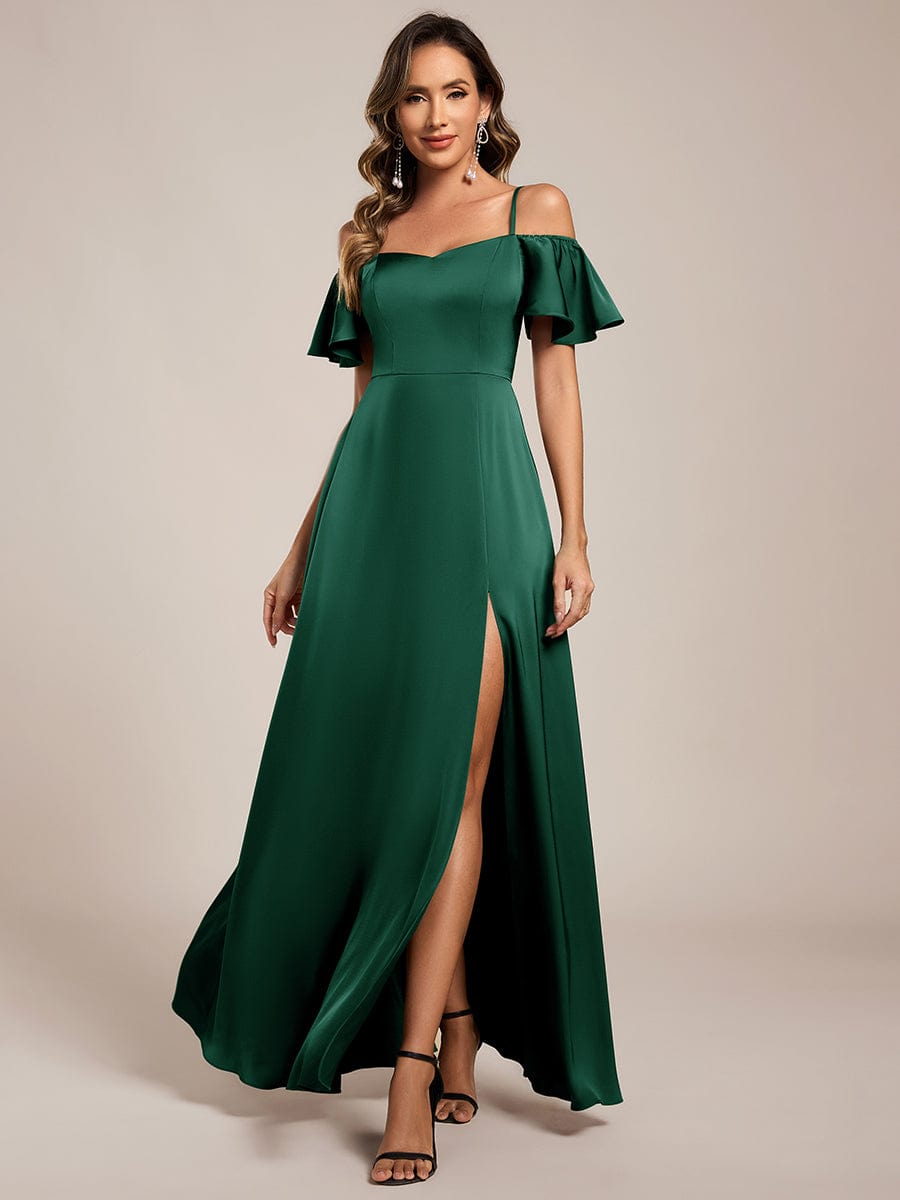 Unique Short Sleeves Off-The-Shoulder A-Line Satin Bridesmaid Dress with Slit