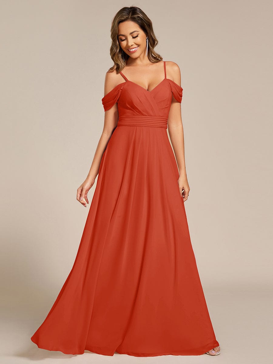 Deluxe Off-The-Shoulder V-Neck A-Line Bridesmaid Dress with Spaghetti Straps