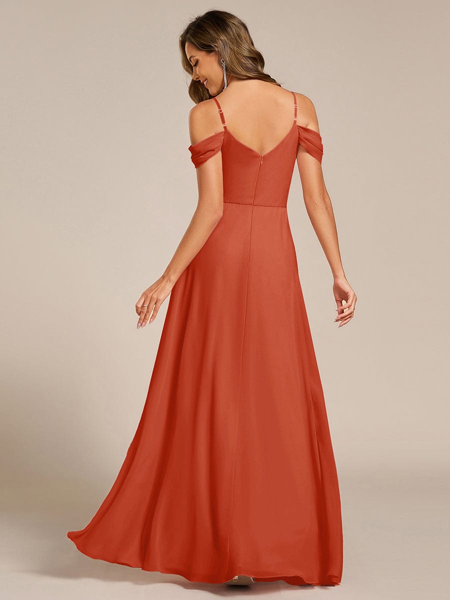 Deluxe Off-The-Shoulder V-Neck A-Line Bridesmaid Dress with Spaghetti Straps