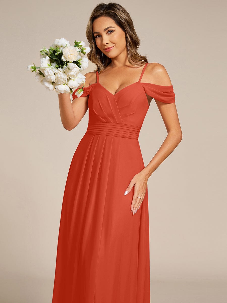 Deluxe Off-The-Shoulder V-Neck A-Line Bridesmaid Dress with Spaghetti Straps