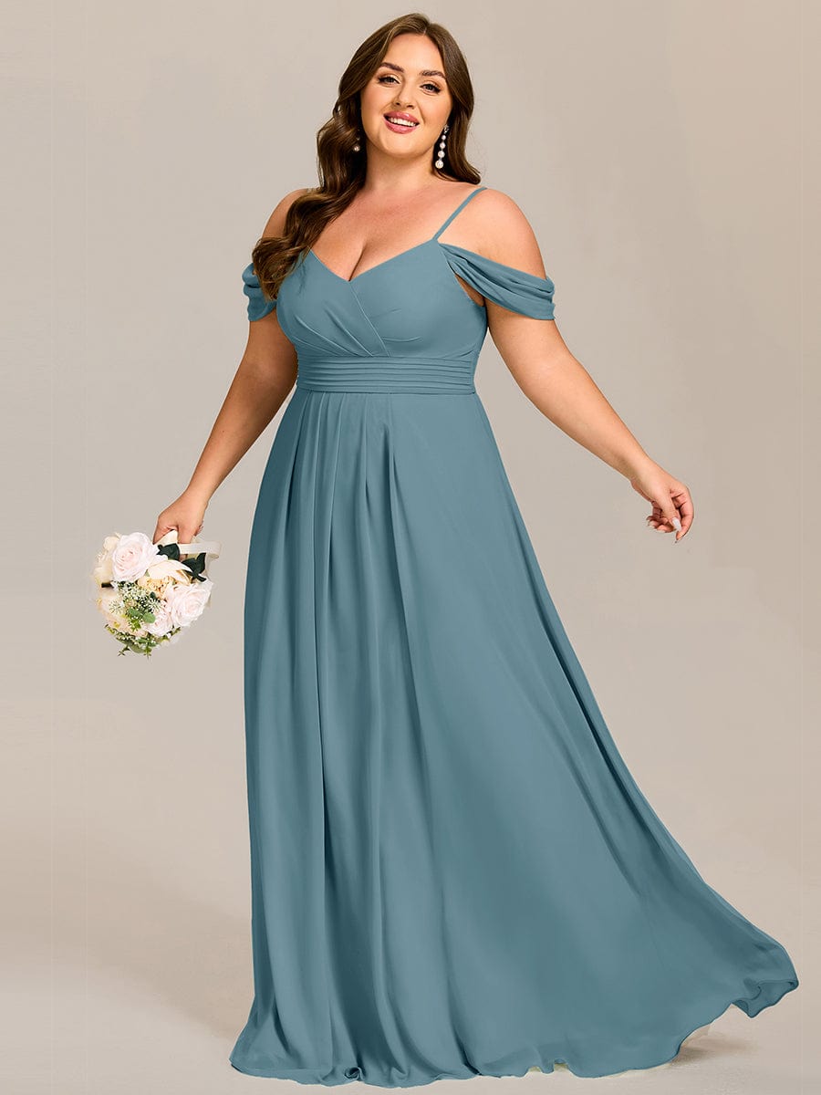 Deluxe Off-The-Shoulder V-Neck A-Line Bridesmaid Dress with Spaghetti Straps