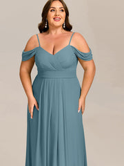 Deluxe Off-The-Shoulder V-Neck A-Line Bridesmaid Dress with Spaghetti Straps