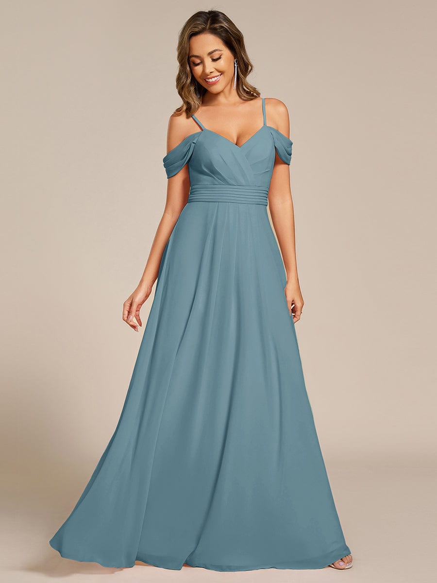 Deluxe Off-The-Shoulder V-Neck A-Line Bridesmaid Dress with Spaghetti Straps