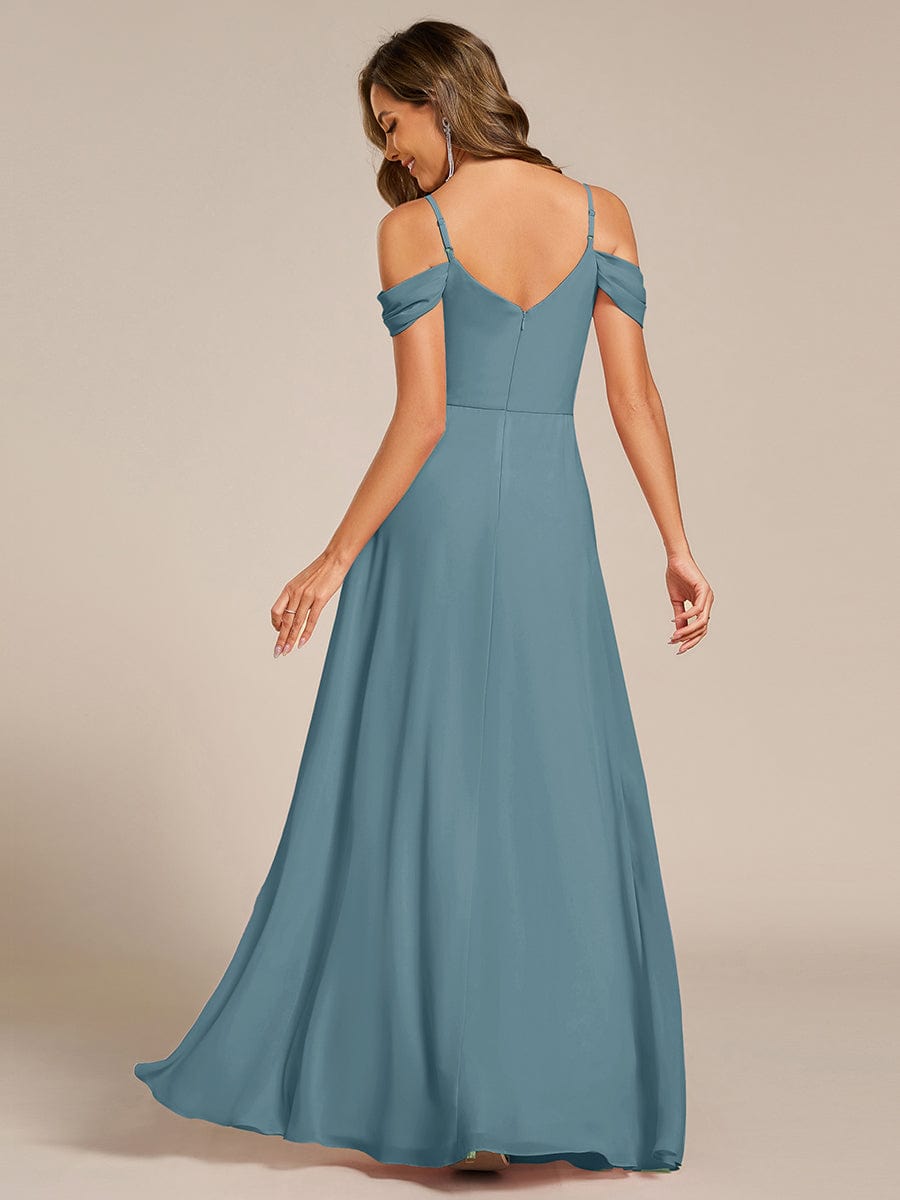 Deluxe Off-The-Shoulder V-Neck A-Line Bridesmaid Dress with Spaghetti Straps