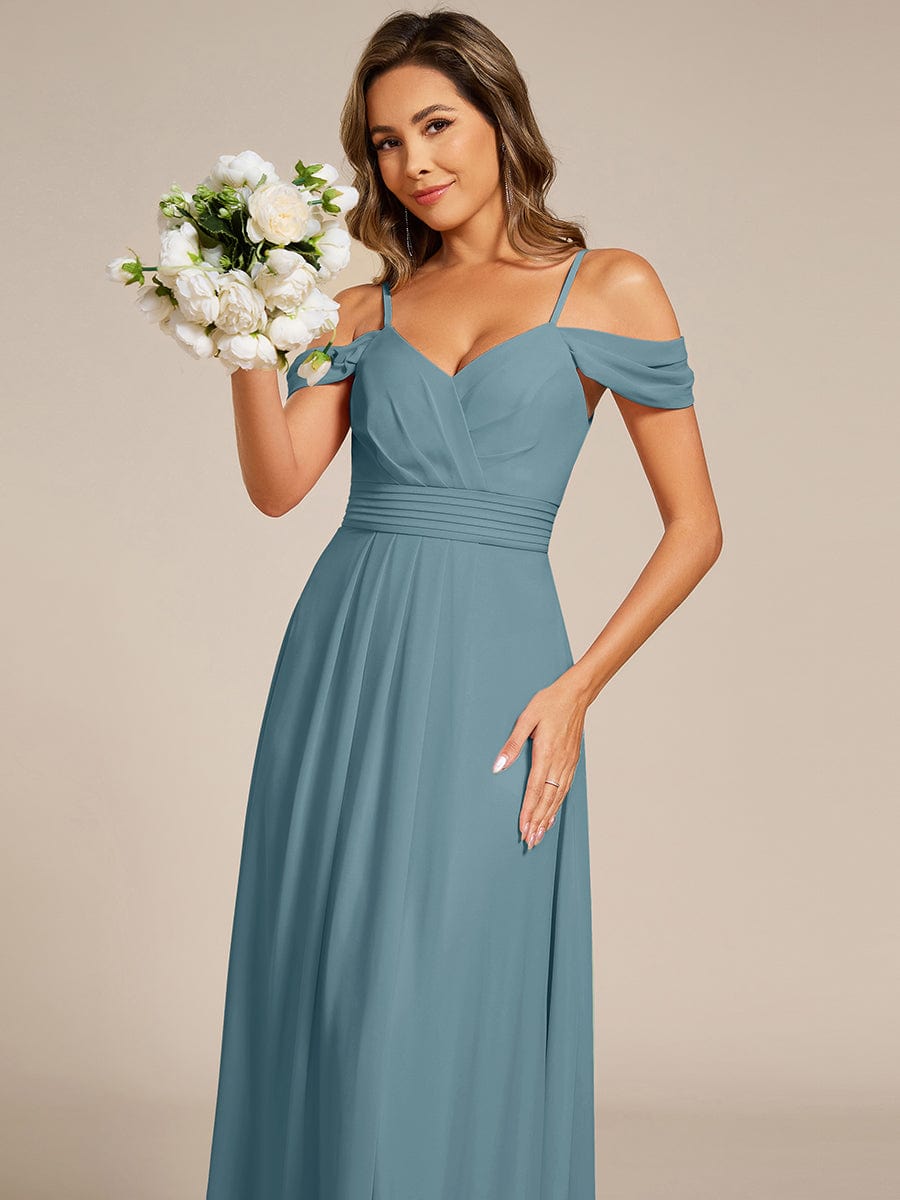 Deluxe Off-The-Shoulder V-Neck A-Line Bridesmaid Dress with Spaghetti Straps