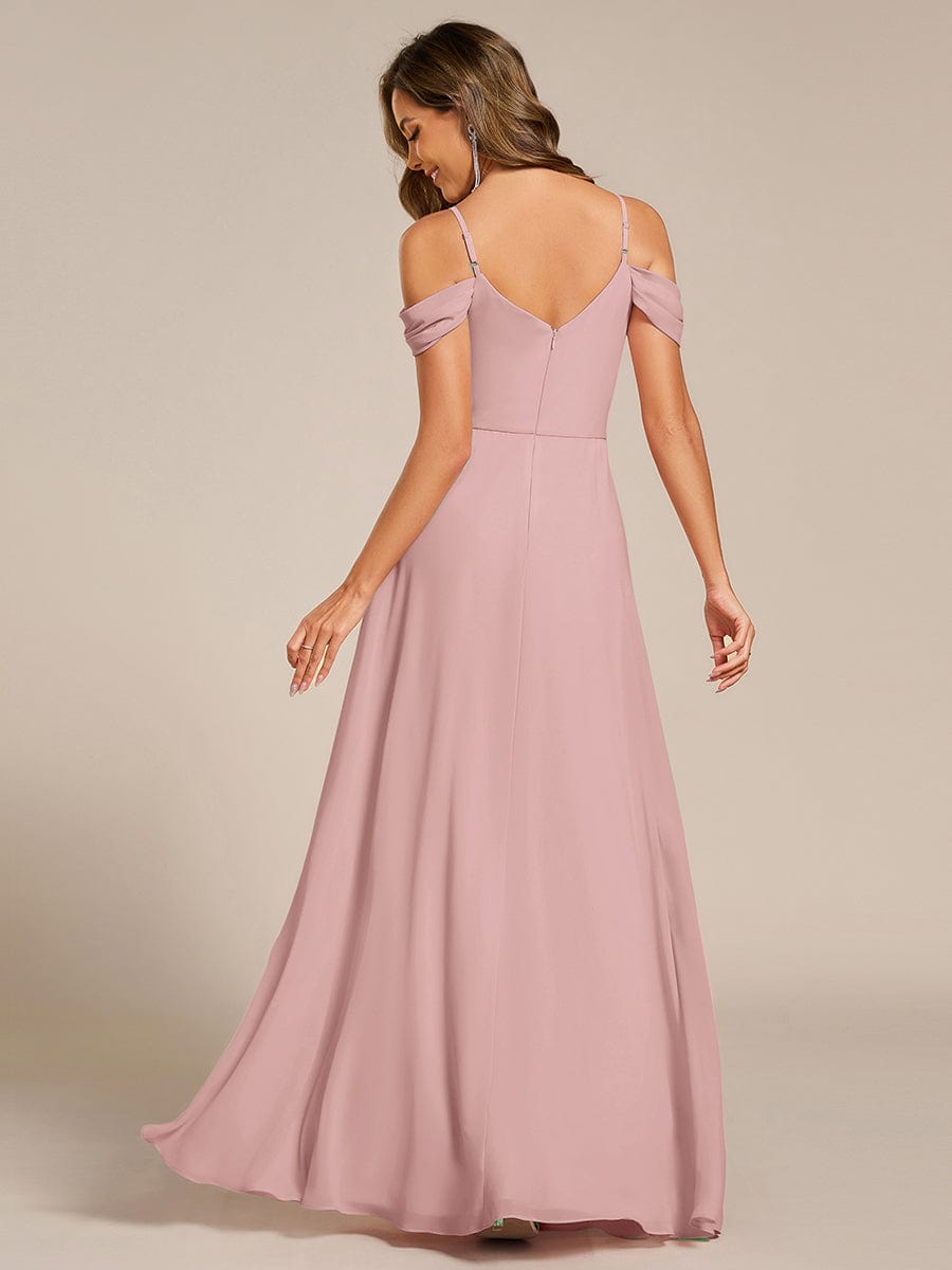 Deluxe Off-The-Shoulder V-Neck A-Line Bridesmaid Dress with Spaghetti Straps