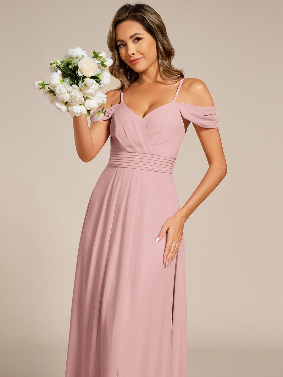 Deluxe Off-The-Shoulder V-Neck A-Line Bridesmaid Dress with Spaghetti Straps