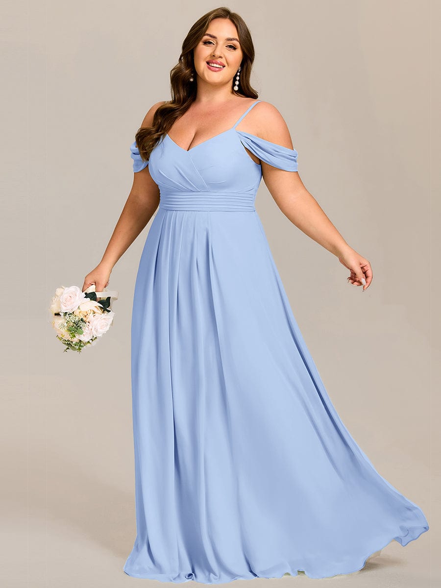Deluxe Off-The-Shoulder V-Neck A-Line Bridesmaid Dress with Spaghetti Straps