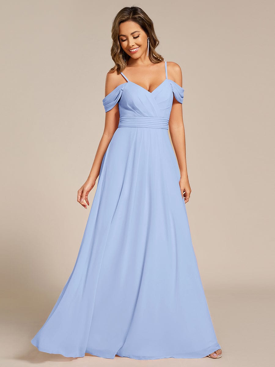 Deluxe Off-The-Shoulder V-Neck A-Line Bridesmaid Dress with Spaghetti Straps