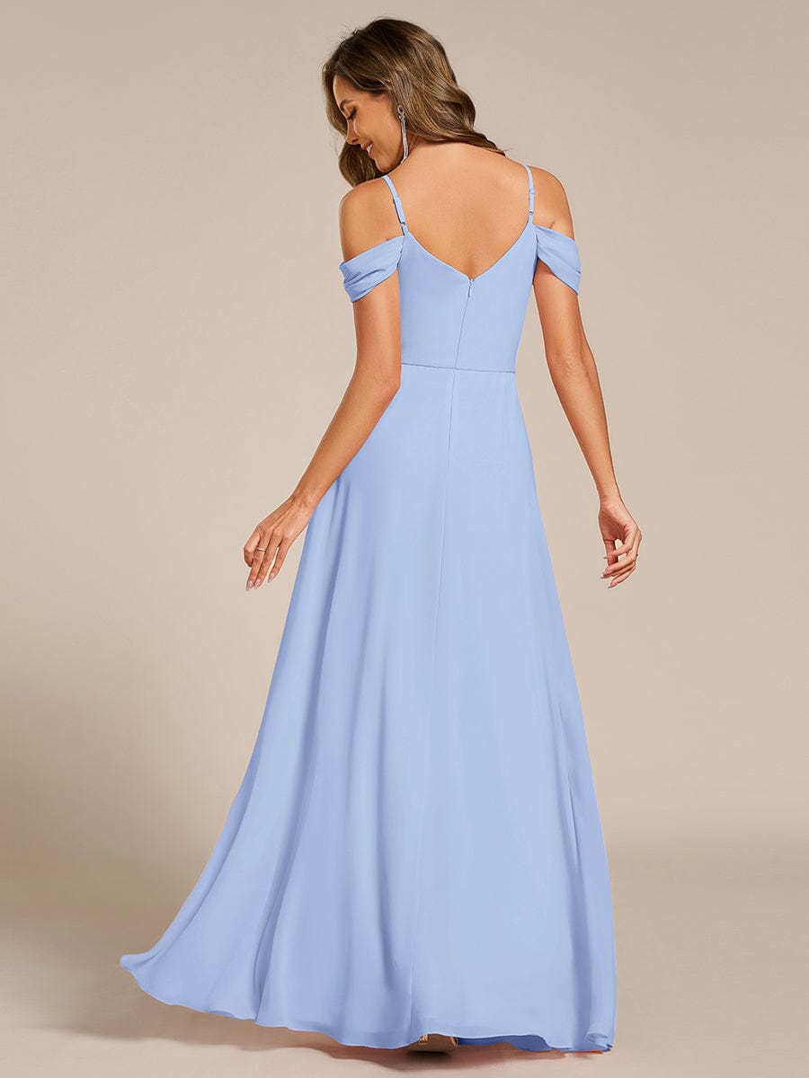 Deluxe Off-The-Shoulder V-Neck A-Line Bridesmaid Dress with Spaghetti Straps