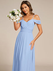 Deluxe Off-The-Shoulder V-Neck A-Line Bridesmaid Dress with Spaghetti Straps