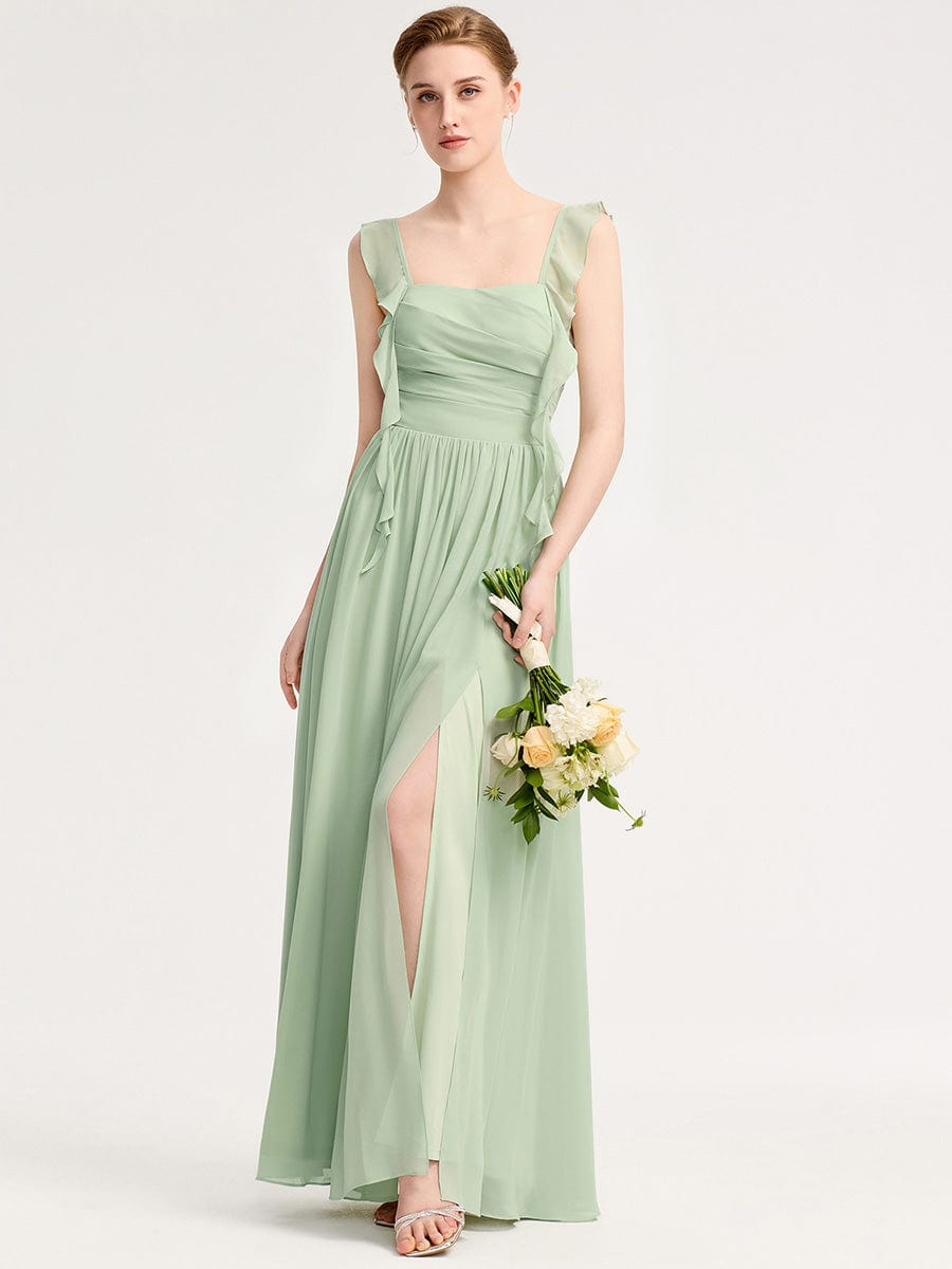 Charming Square Neck A-Line Chiffon Bridesmaid Dress with Ribbon