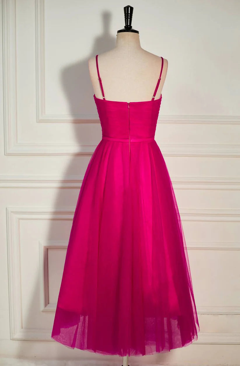 Fuchsia Spaghetti Straps Sweetheart A-Line Tulle Party Dresses