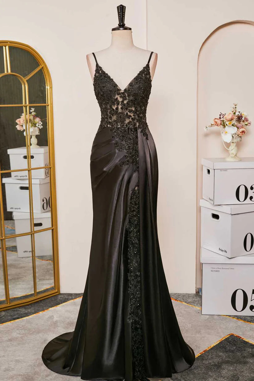 Black Spaghetti Strap V-Neck Mermaid Satin Prom Dresses with Appliques