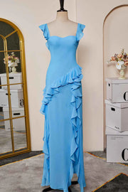 Blue Sweetheart A-Line Chiffon Ruffles Bridesmaid Dresses with Slit