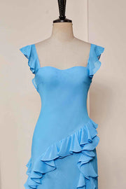 Blue Sweetheart A-Line Chiffon Ruffles Bridesmaid Dresses with Slit