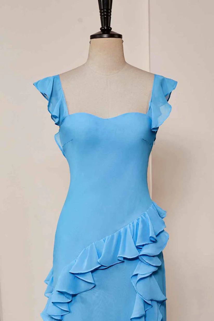 Blue Sweetheart A-Line Chiffon Ruffles Bridesmaid Dresses with Slit