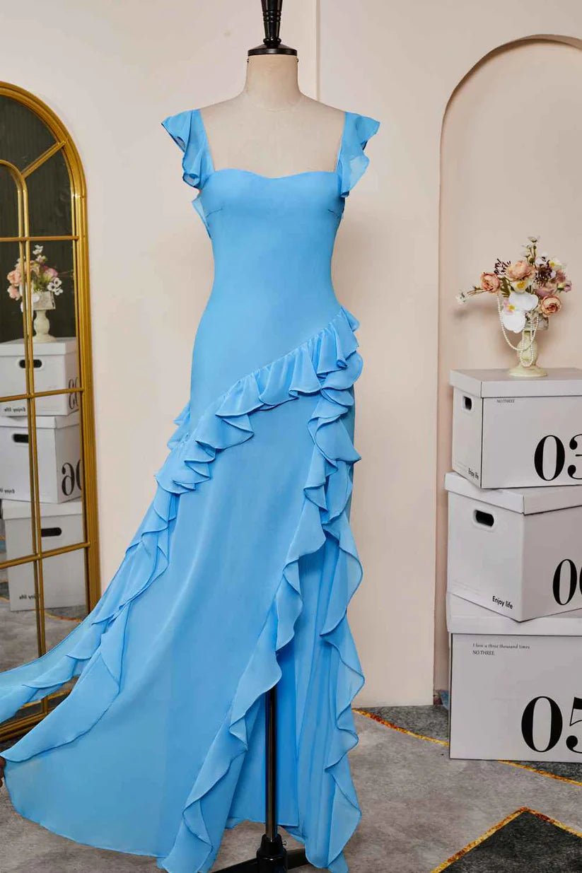 Blue Sweetheart A-Line Chiffon Ruffles Bridesmaid Dresses with Slit