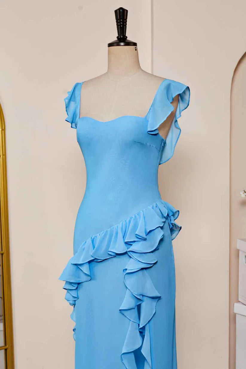 Blue Sweetheart A-Line Chiffon Ruffles Bridesmaid Dresses with Slit