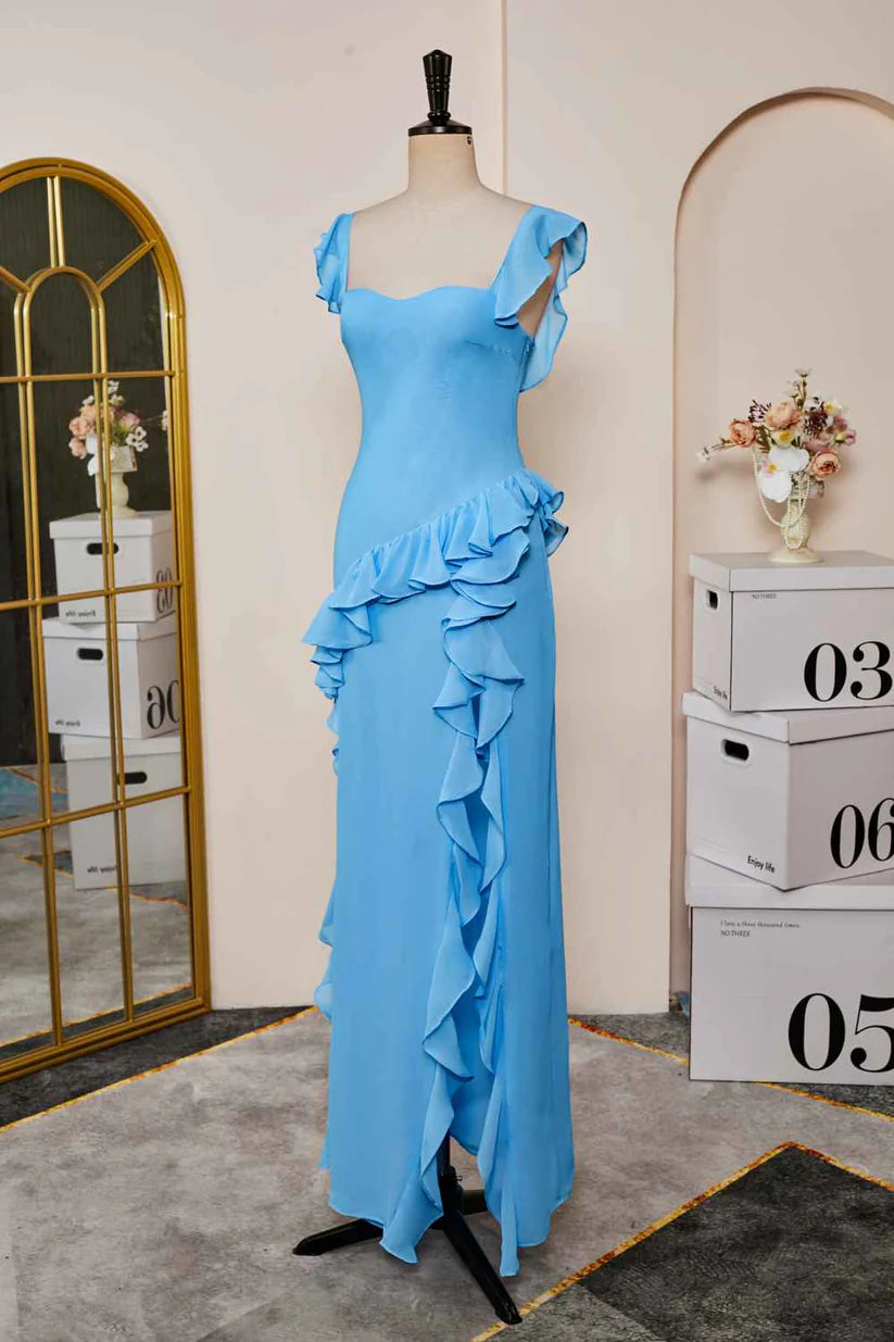 Blue Sweetheart A-Line Chiffon Ruffles Bridesmaid Dresses with Slit