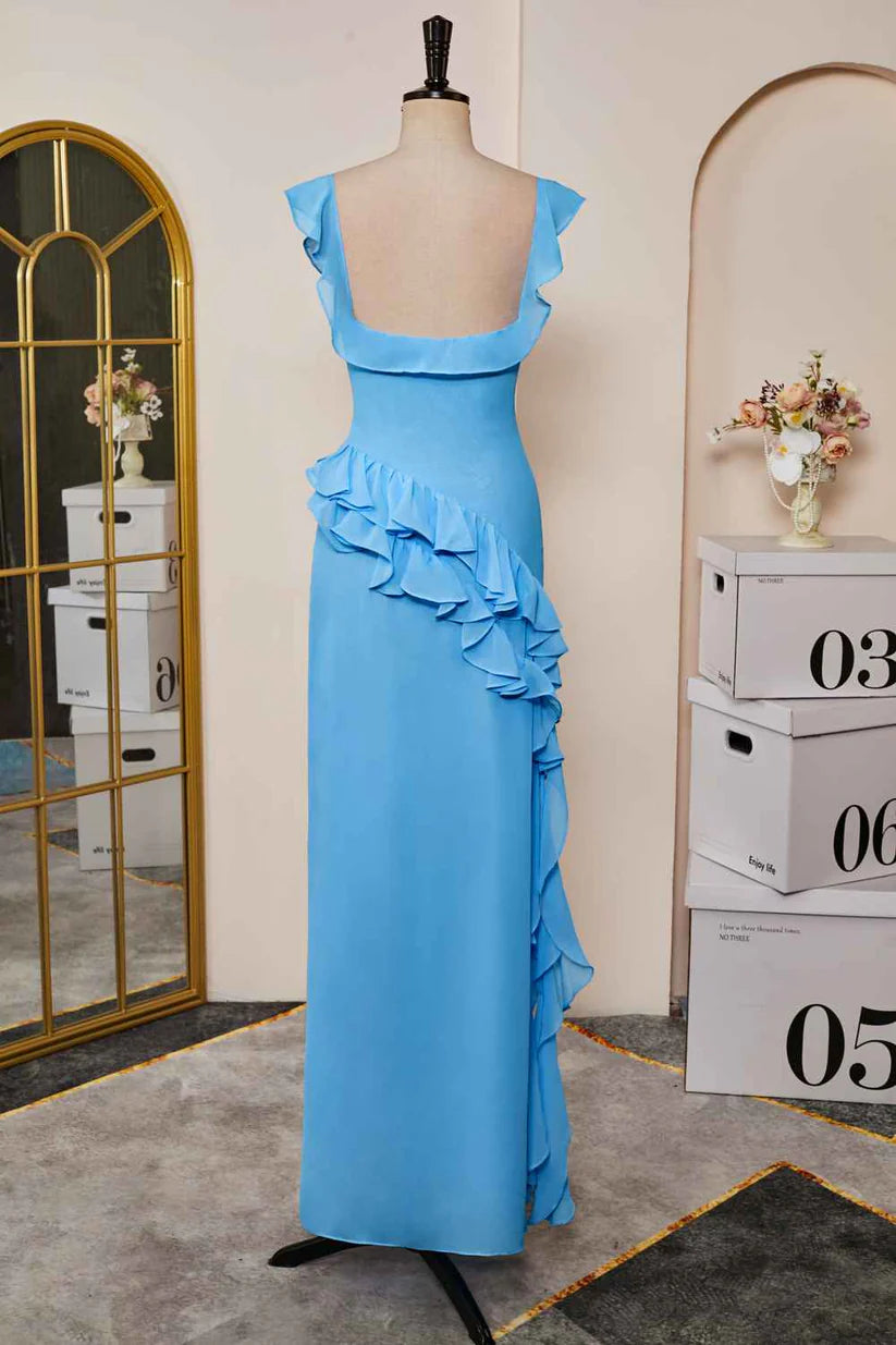 Blue Sweetheart A-Line Chiffon Ruffles Bridesmaid Dresses with Slit