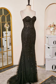 Sexy Black Sweetheart Mermaid Tulle Prom Dresses with Appliques