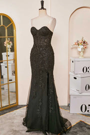 Sexy Black Sweetheart Mermaid Tulle Prom Dresses with Appliques