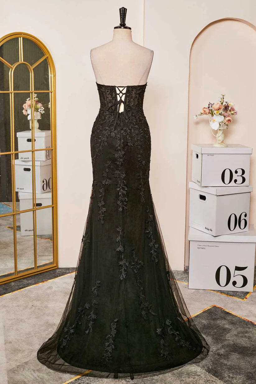 Sexy Black Sweetheart Mermaid Tulle Prom Dresses with Appliques