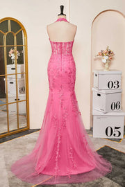 Halter V-Neck Mermaid Sleeveless Tulle Party Dresses with Appliques