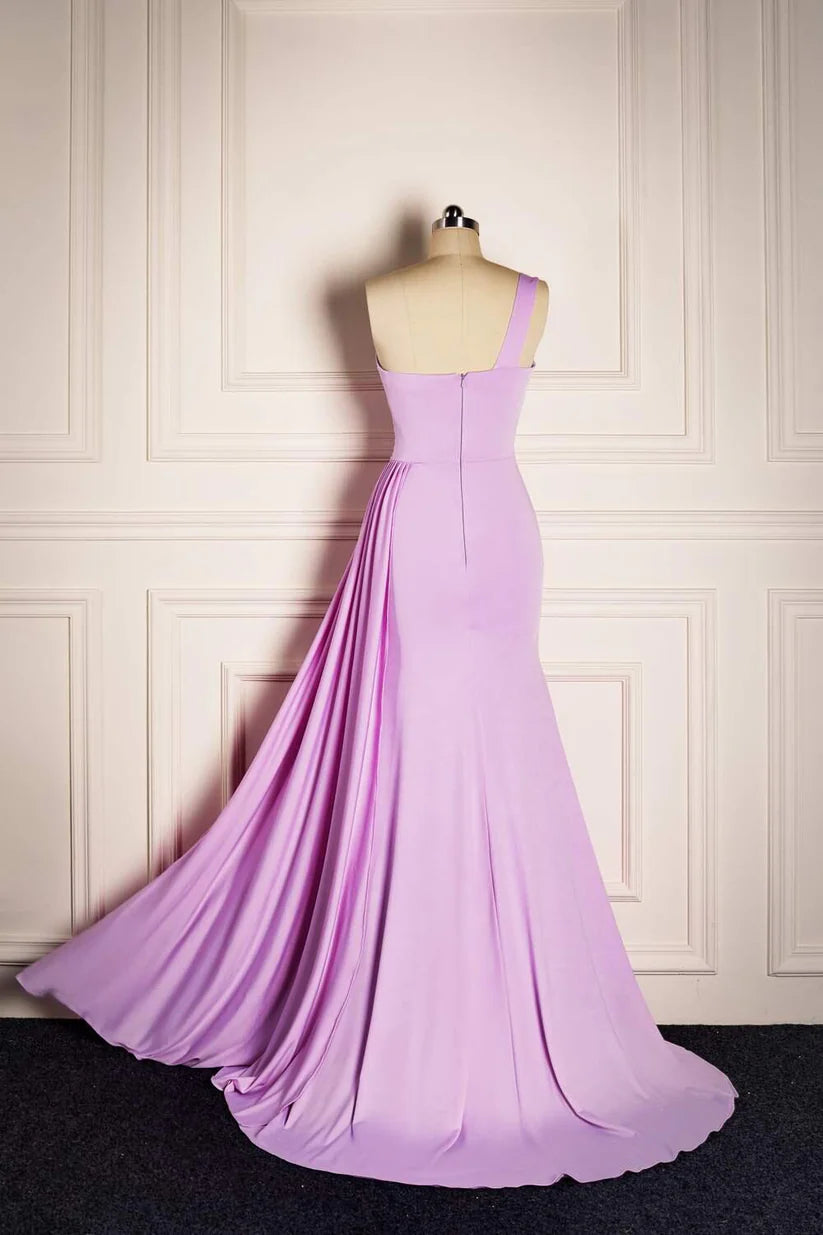 Lilac One-Shoulder Mermaid Long Satin Prom Dresses with Train