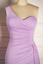 Lilac One-Shoulder Mermaid Long Satin Prom Dresses with Train